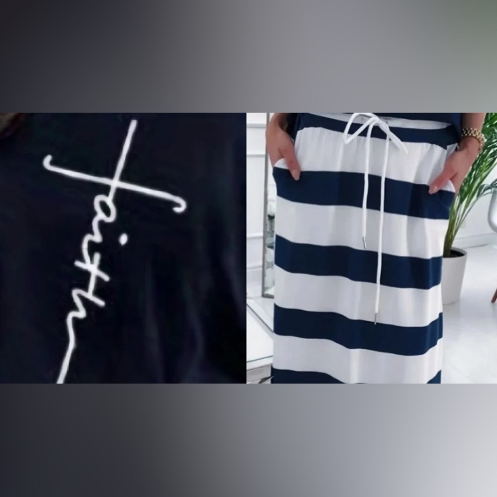 NEW Slanted Shoulder “Faith” Print T-shirt & Drawstring Stripe Skirt Set - Picture 3 of 3